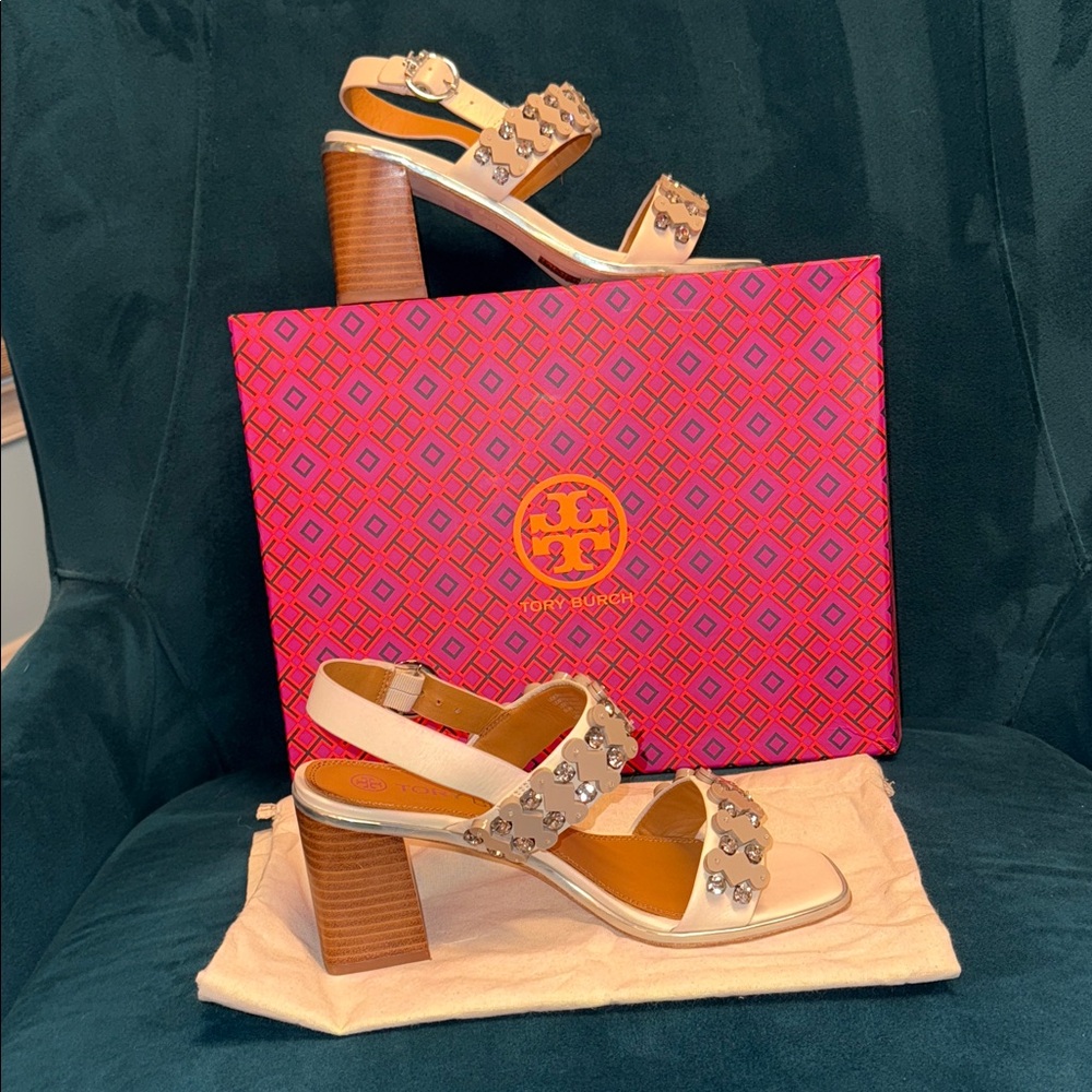 Tory Burch Delaney Cream Studded Block Heel Sandals